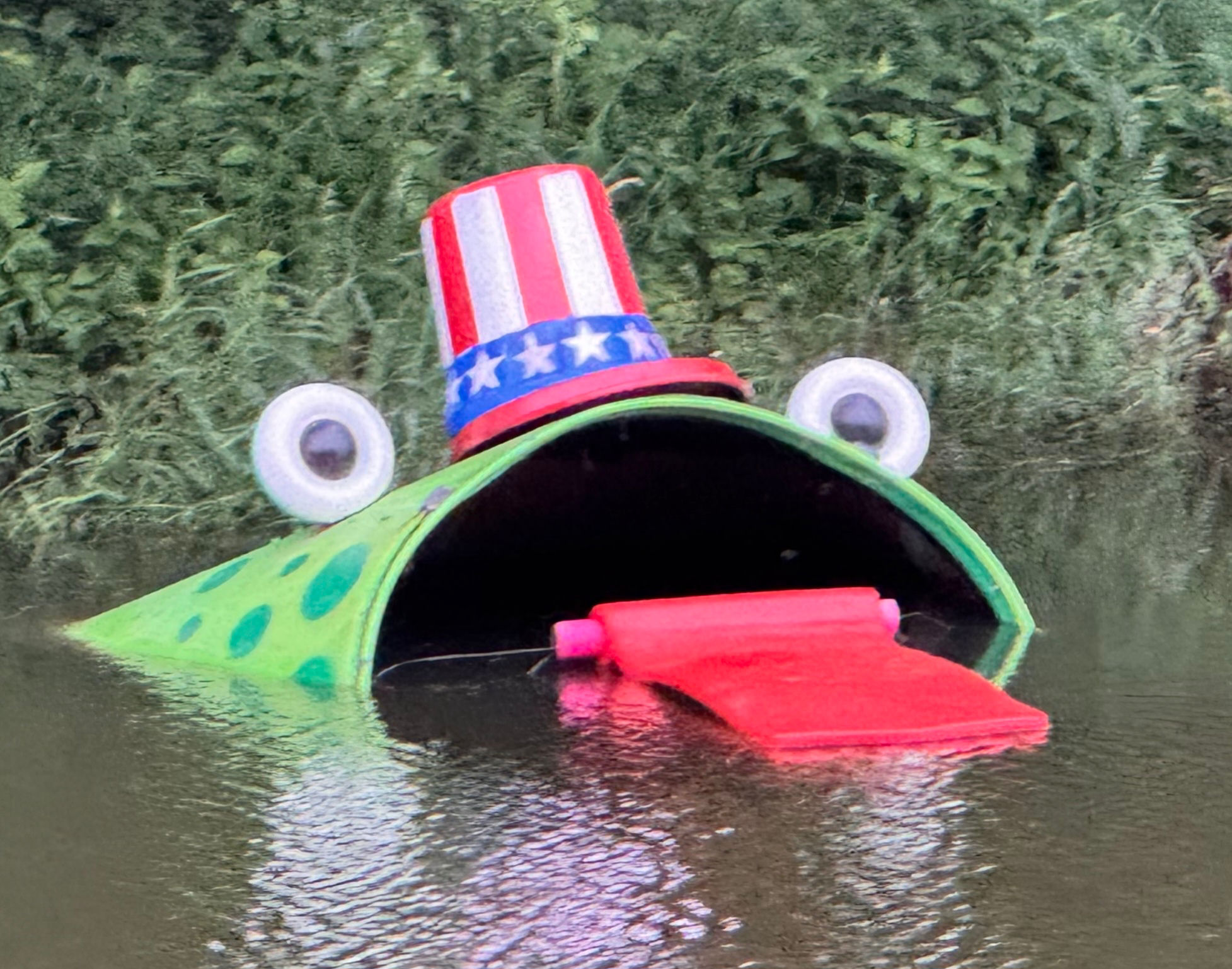 Freddy the Frog on Paddleboat inspires good in all aspects of life in Linn Valley by bringing a smile, accepting help from good friends, and offering a safe place of rest for turtles and birds.